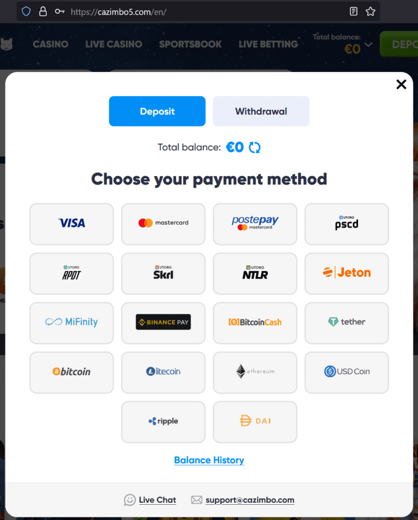 Варианты оплаты для нелегального онлайн-казино Cazimbo